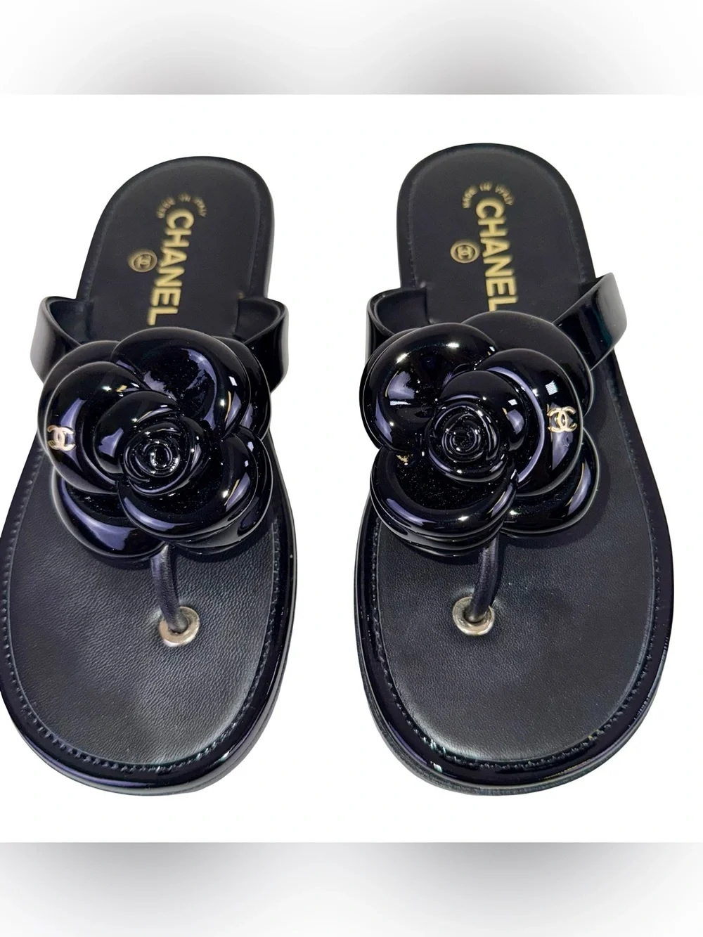CHANEL BLACK CAMELLIA THONG JELLY SANDALS